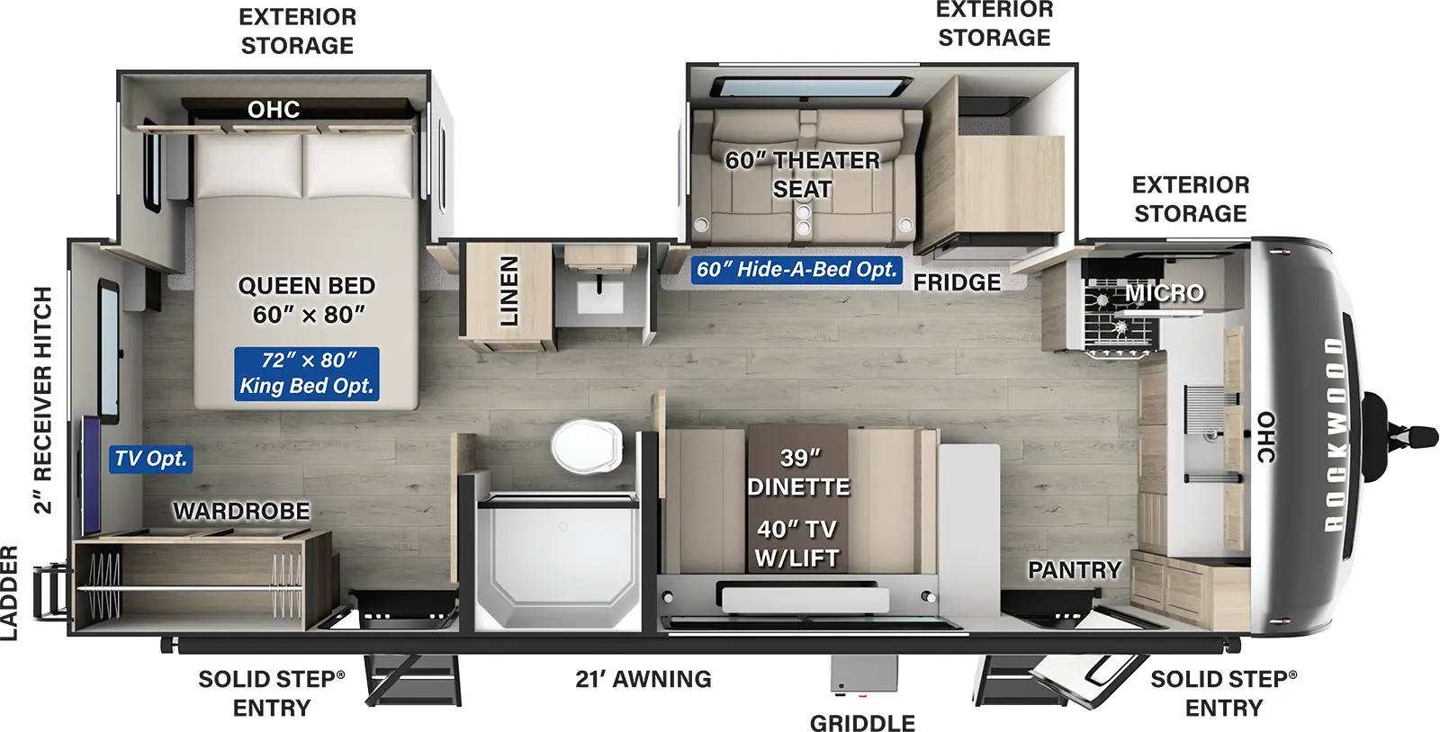 The Rockwood Ultra Lite Travel Trailers 2619FK has two entries and two slide outs. Exterior features include: fiberglass exterior and 21' awning. Interiors features include: front kitchen, rear bedroom and pass through bathroom.